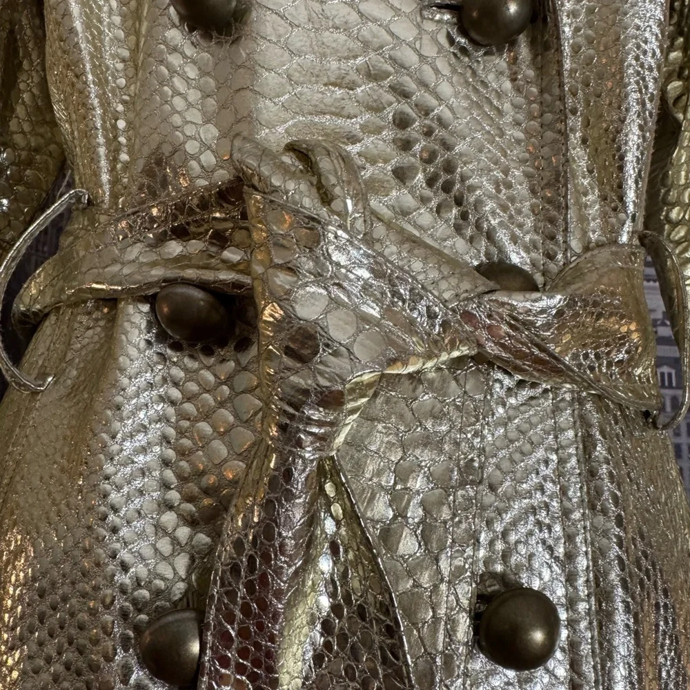 Metallic Gold Snake-Embossed Leather Belted Trench Jacket - Picture 5 of 15